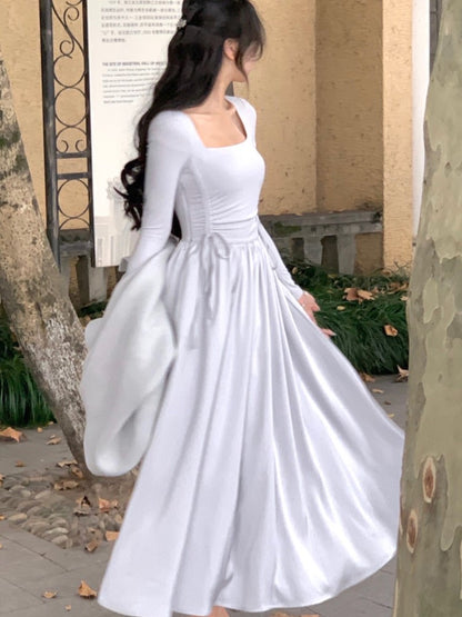 Midi Dress Long Sleeve Square Collar High Waist Autumn Spring French A-line Party Vestidos