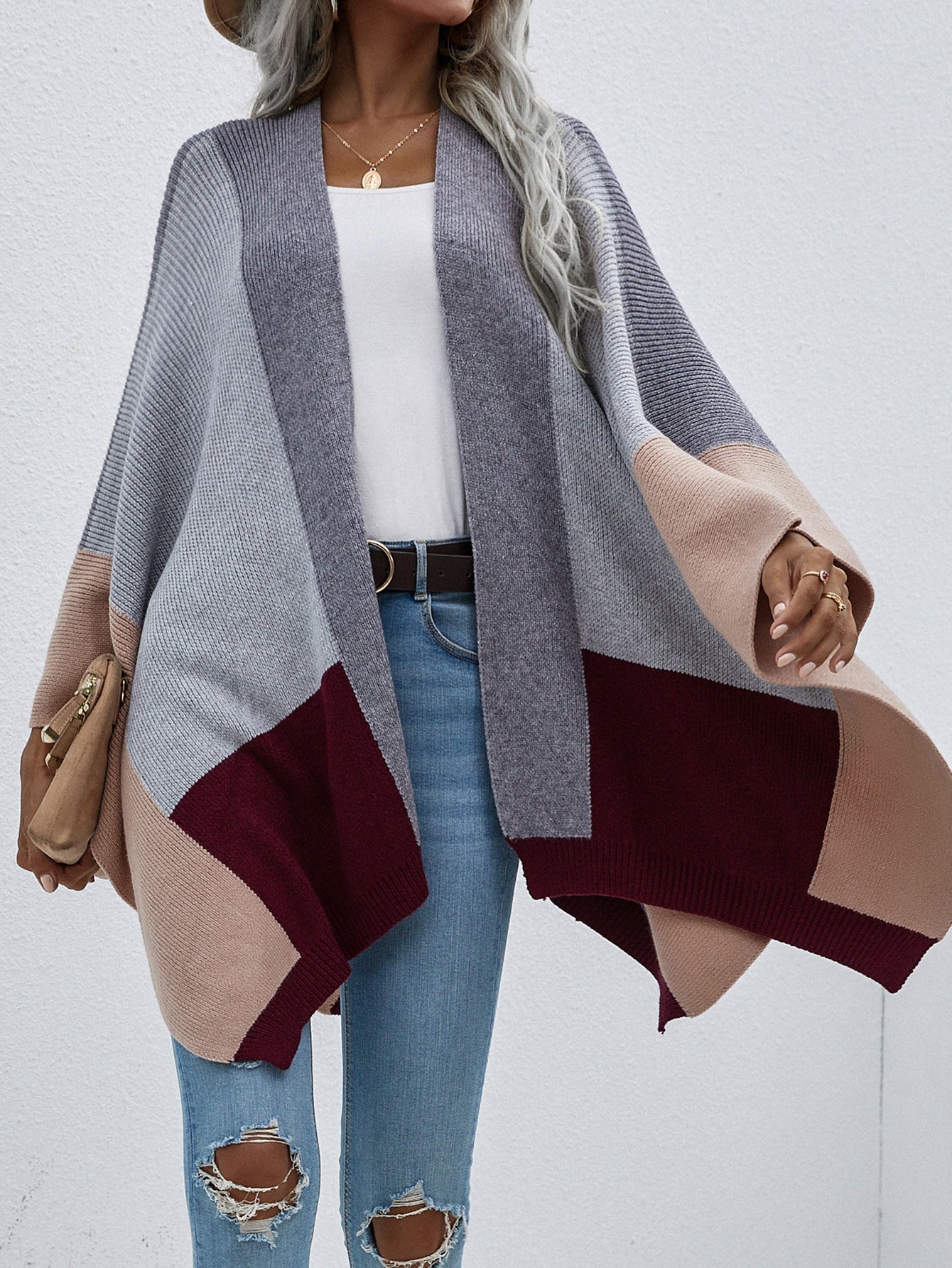 Autumn Winter Office Plaid Loose Knitted Cardigan Coat Sweater
