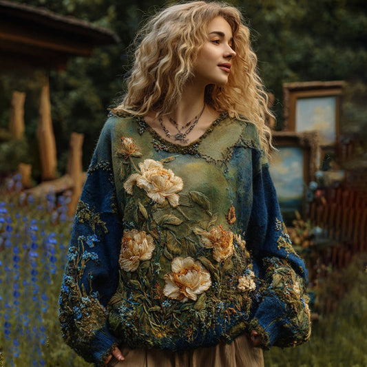 Vintage Painting Inspiration Floral Art Gradient Flowy Sweater