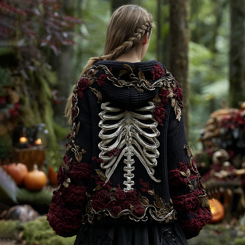 Comstylish Women's Halloween Vintage Rose And Skull Pattern Knit Hooded Sweater