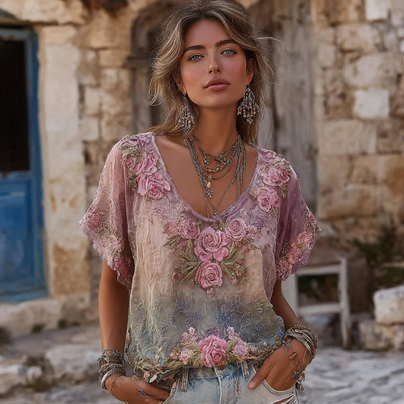 Women's Floral Embroidered Art Gradient V-neck Short Sleeve Linen Blend T-shirt elevenforest