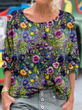 Comstylish Elegant Violet Wildflower Embroidery Art Cozy T Shirt