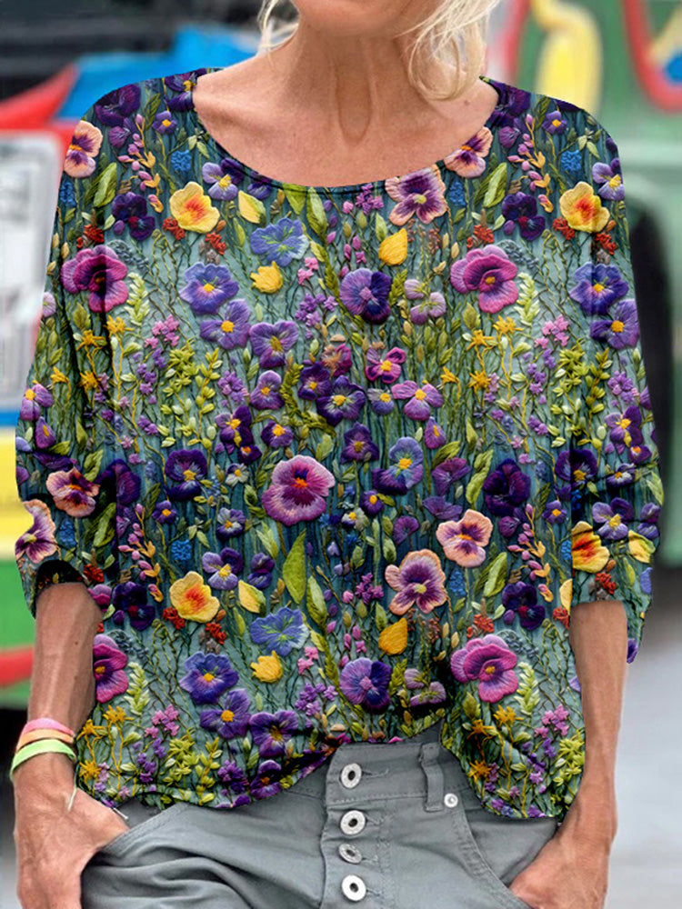 Comstylish Elegant Violet Wildflower Embroidery Art Cozy T Shirt
