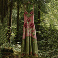 Vintage Classy Boho Gradient Pink Roses Embroidered Linen Suspender Dress elevenforest