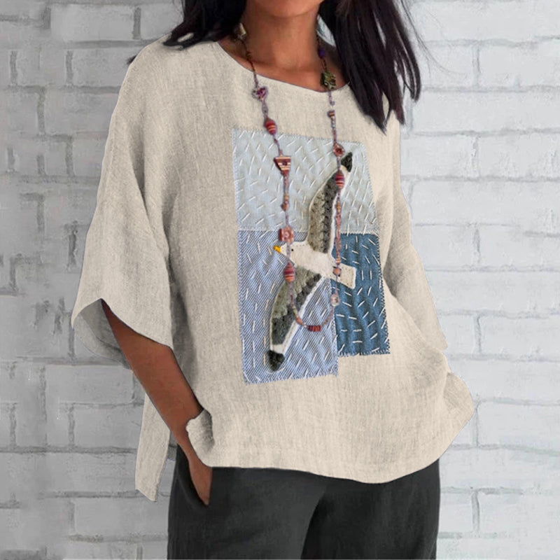 Women's Seagull Sashiko Patchwork Art Loose Crew Neck Tops elevenforest