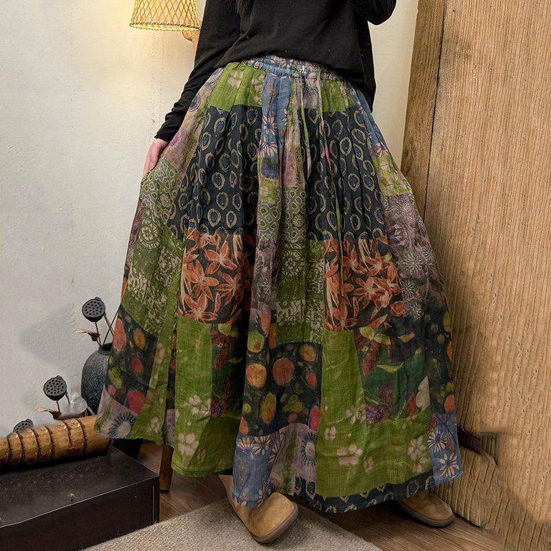 Women's Vintage Floral Patchwork Art Pattern Cotton Skirt elevenforest