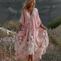 Women Vintage Pink Floral Art Linen Blend Casual Maxi Dress elevenforest