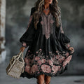 Women's Vintage Floral Art Flowy Linen Blend Casual V Neck Long Sleeve Mini Dress elevenforest