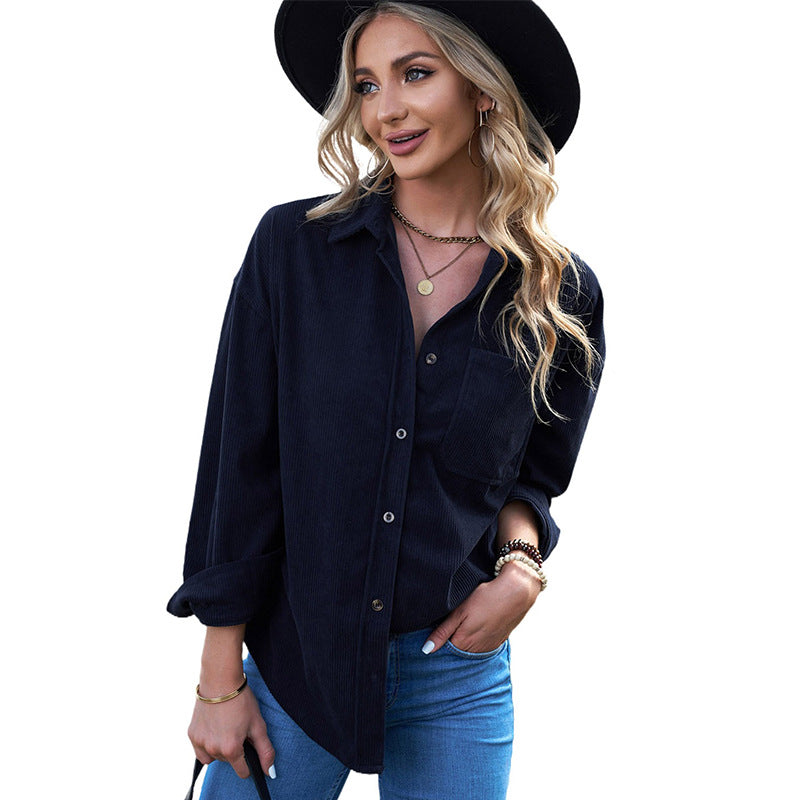 Color ’s Autumn Winter Corduroy Cardigan Shirt With Breasted Collar and Pocket