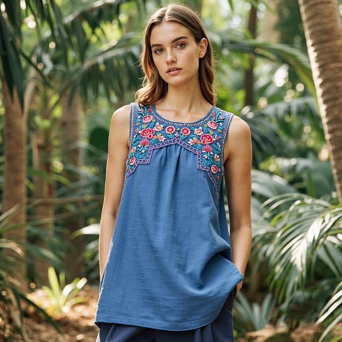 Women's Ethnic Floral Linen Vest elevenforest