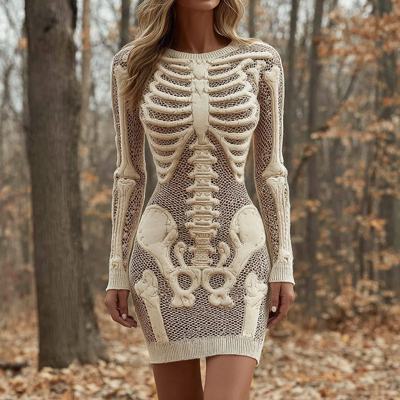Women's Vintage Halloween Skeleton Bones Comfortable Elegant Sweater Dress artswardrobe