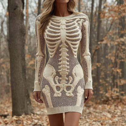Women's Vintage Halloween Skeleton Bones Comfortable Elegant Sweater Dress artswardrobe