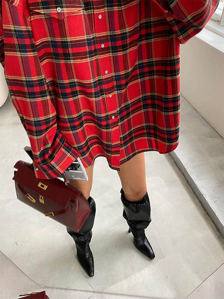 Bright Gingham Shirts for Street Style Shacket Blouses and Tops Single-breasted Autumn