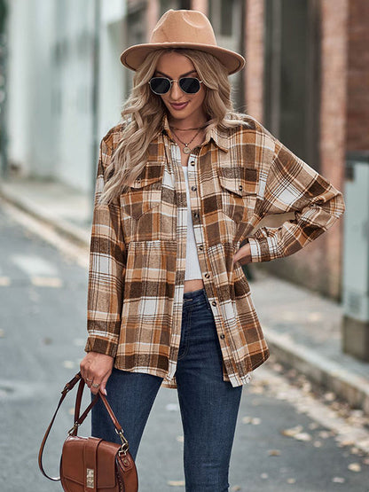 Loose Checkered Lapel Blouses&shirts Tops