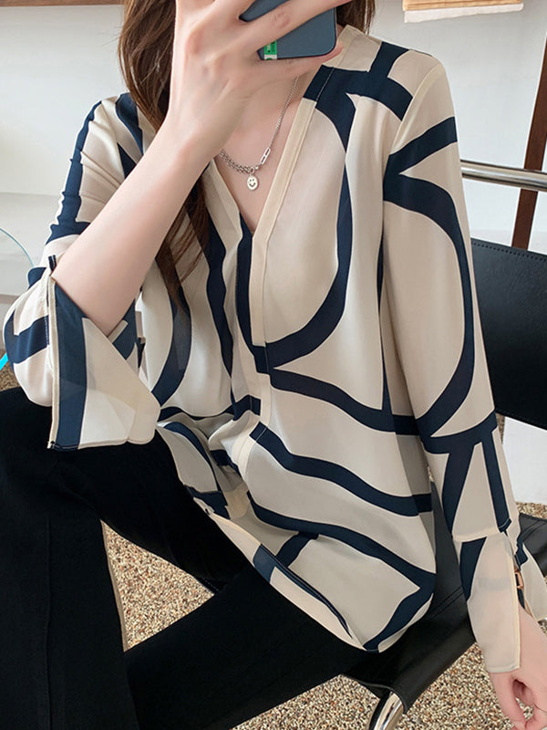 Flared Sleeves Long Sleeves Printed V-neck Blouses&shirts Tops