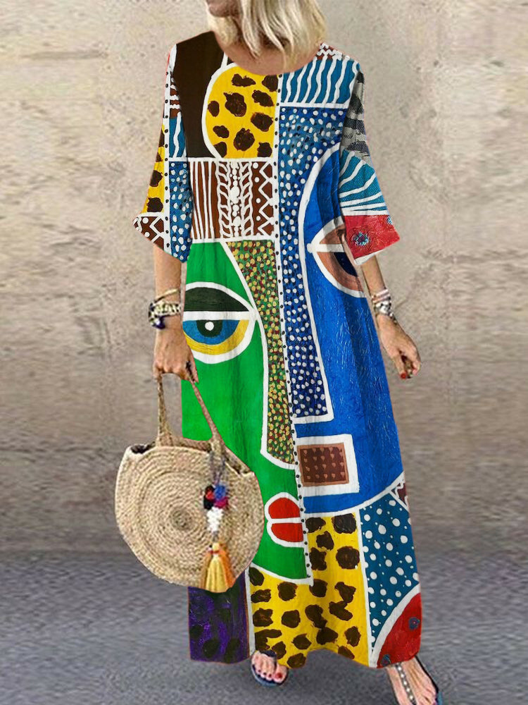 Face Geometric Abstract Art Women's Linen Maxi Dress elevenforest