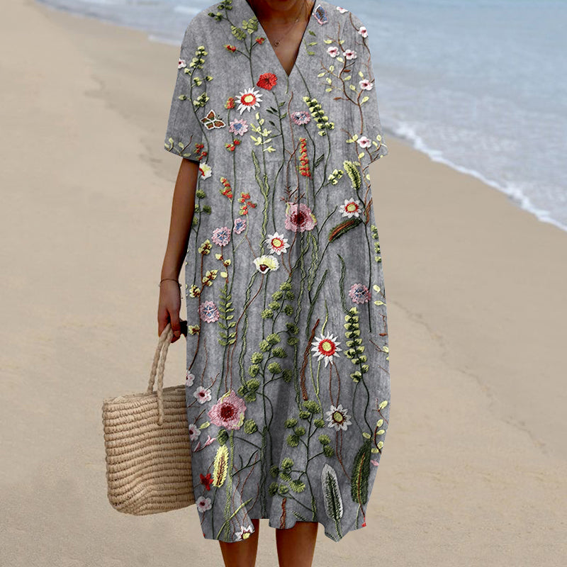 Vintage Floral Embroidery Design Printed V Neck Casual Midi Dress elevenforest