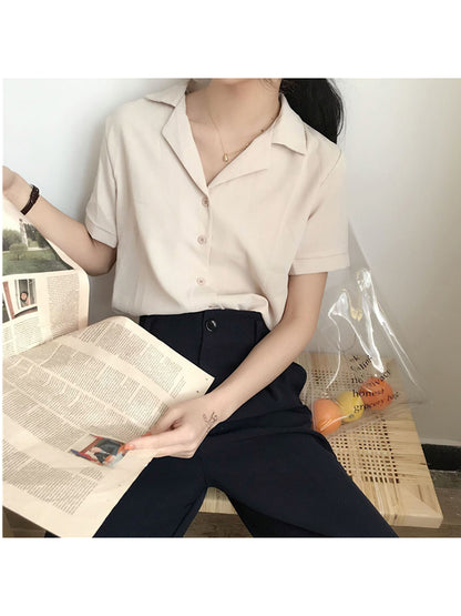 Summer Blouse Shirt for Short Sleeve V Neck Office Lady White Shirts Tops Japan Korean Style