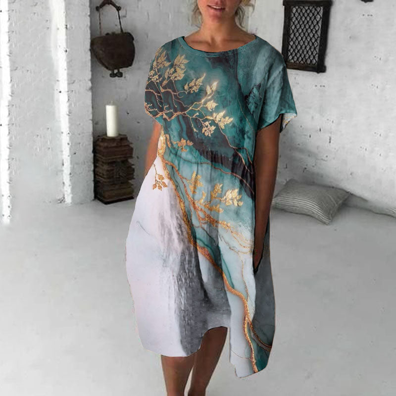 Vintage Marble Texture Collection Retro Bohemia Women Style Gradient Gilded With Gold Floral Pattern Linen Maxi Dress elevenforest