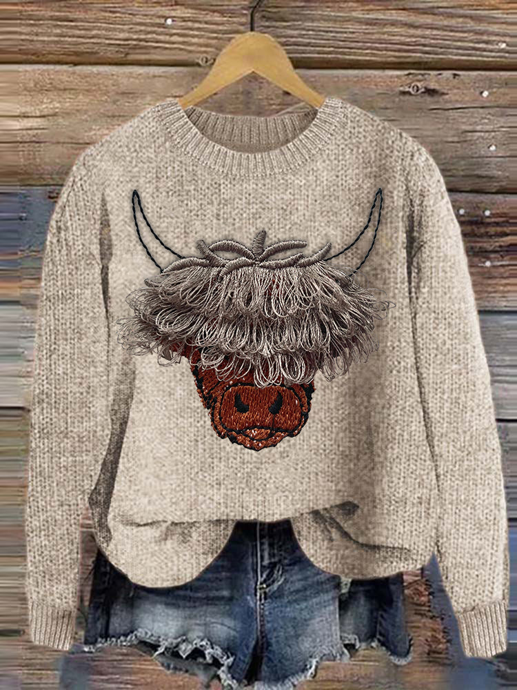 Vintage Highland Cow Embroidery Cozy Knit Sweater artswardrobe