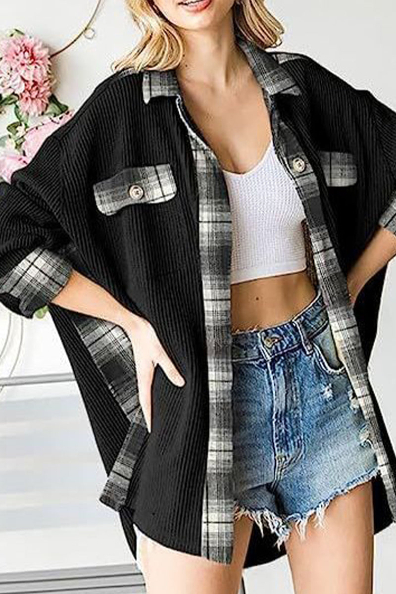 Color Block Pocket Contrast Turndown Collar Tops