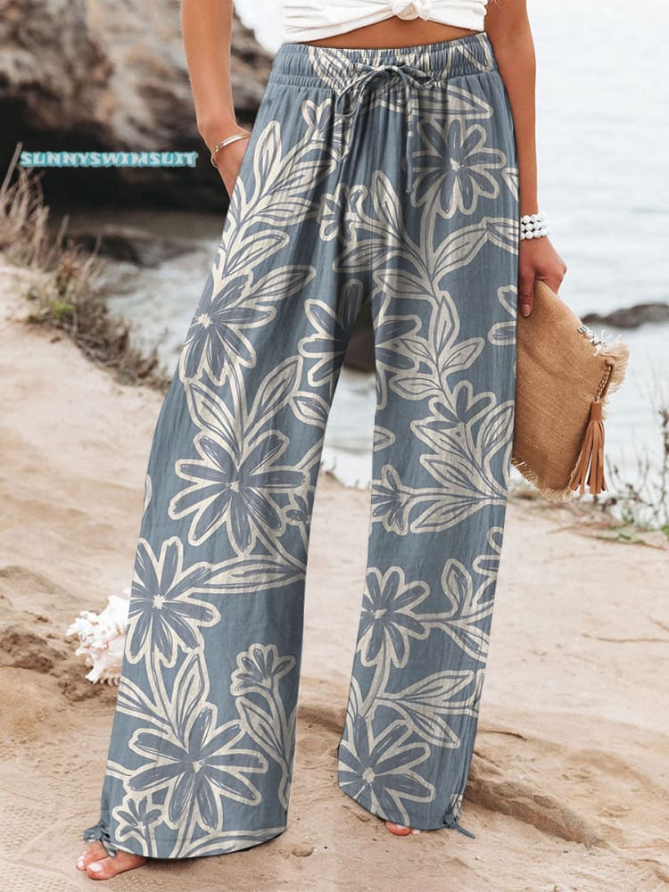 Women's Retro Floral Printed Cotton And Linen Casual Pants