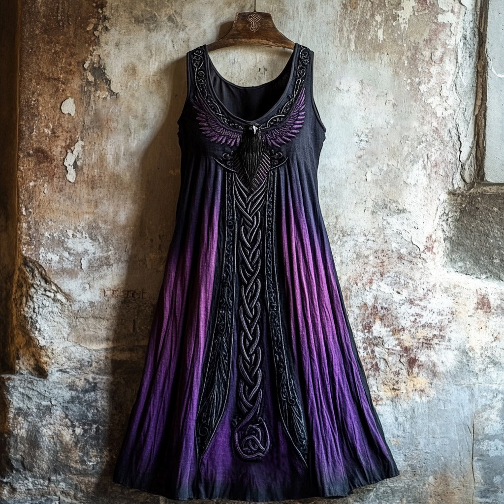 Vintage Viking Raven Celtic Gradient 3d Graphics Linen Tank Dress elevenforest