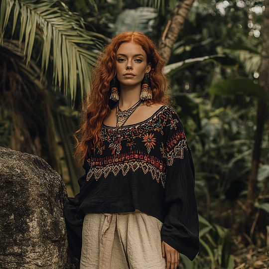Retro Bohemian Embroidery Art Print Cotton And Linen Blend Loose Blouse elevenforest
