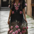 Bohemian Three-dimensional Embroidery Flower Black Short-sleeved Long Dress elevenforest