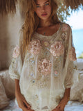 Bohemian Three-dimensional Rose Embroidery Vintage Round Neck Vintage Long Sleeve elevenforest