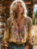 Bohemian Style Floral Pattern Women's V-neck Top elevenforest