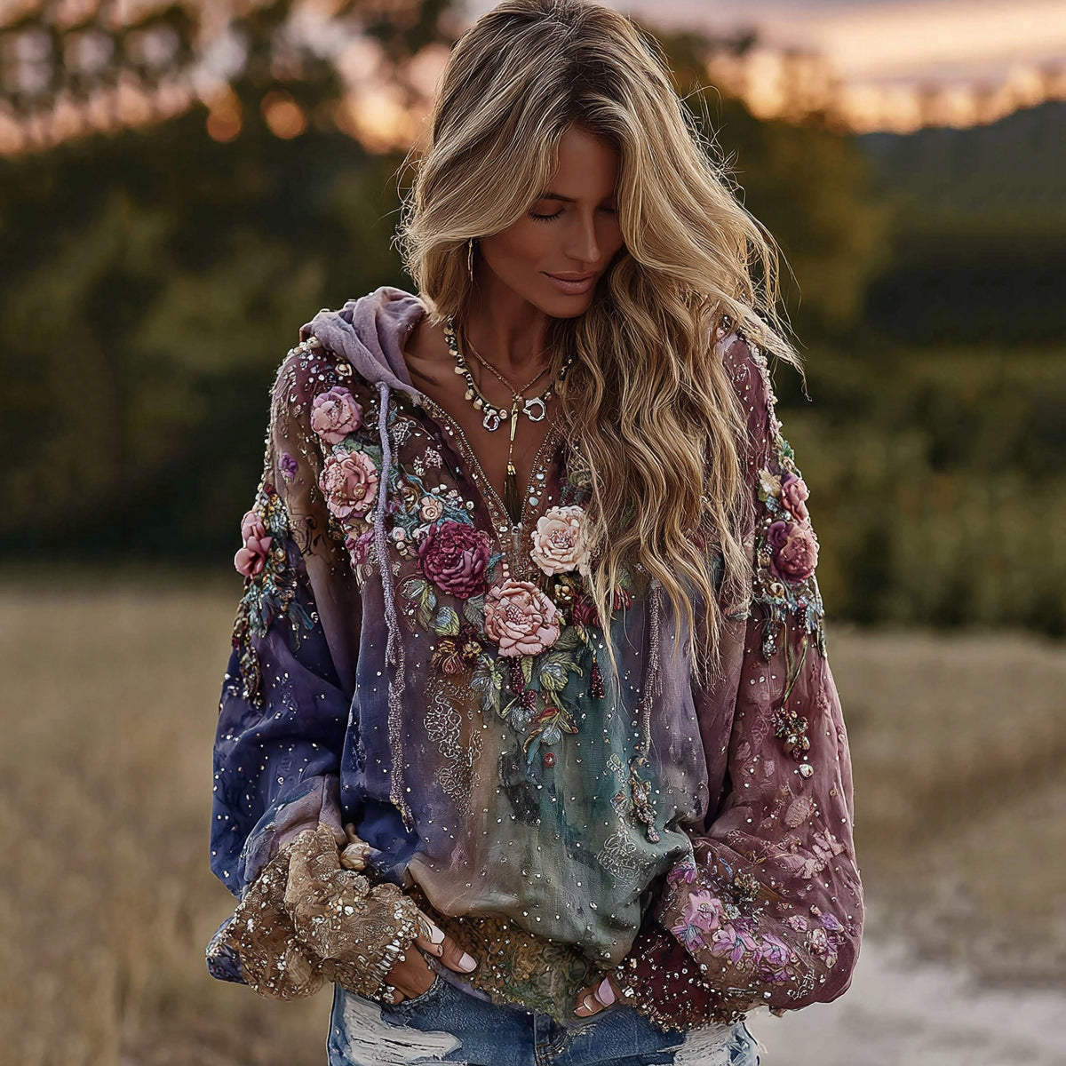 Women's Boho Tie Dye Rose Embroidered Sequined Hoodie elevenforest