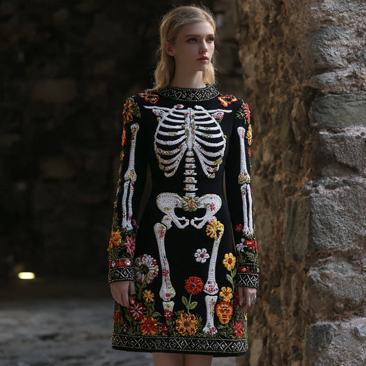 Comstylish Women's Vintage Halloween Skeleton Bones Flower Comfortable Elegant Sweater Dress