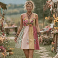 Women's Vintage Bohemian Floral Panel Sleeveless Dress elevenforest