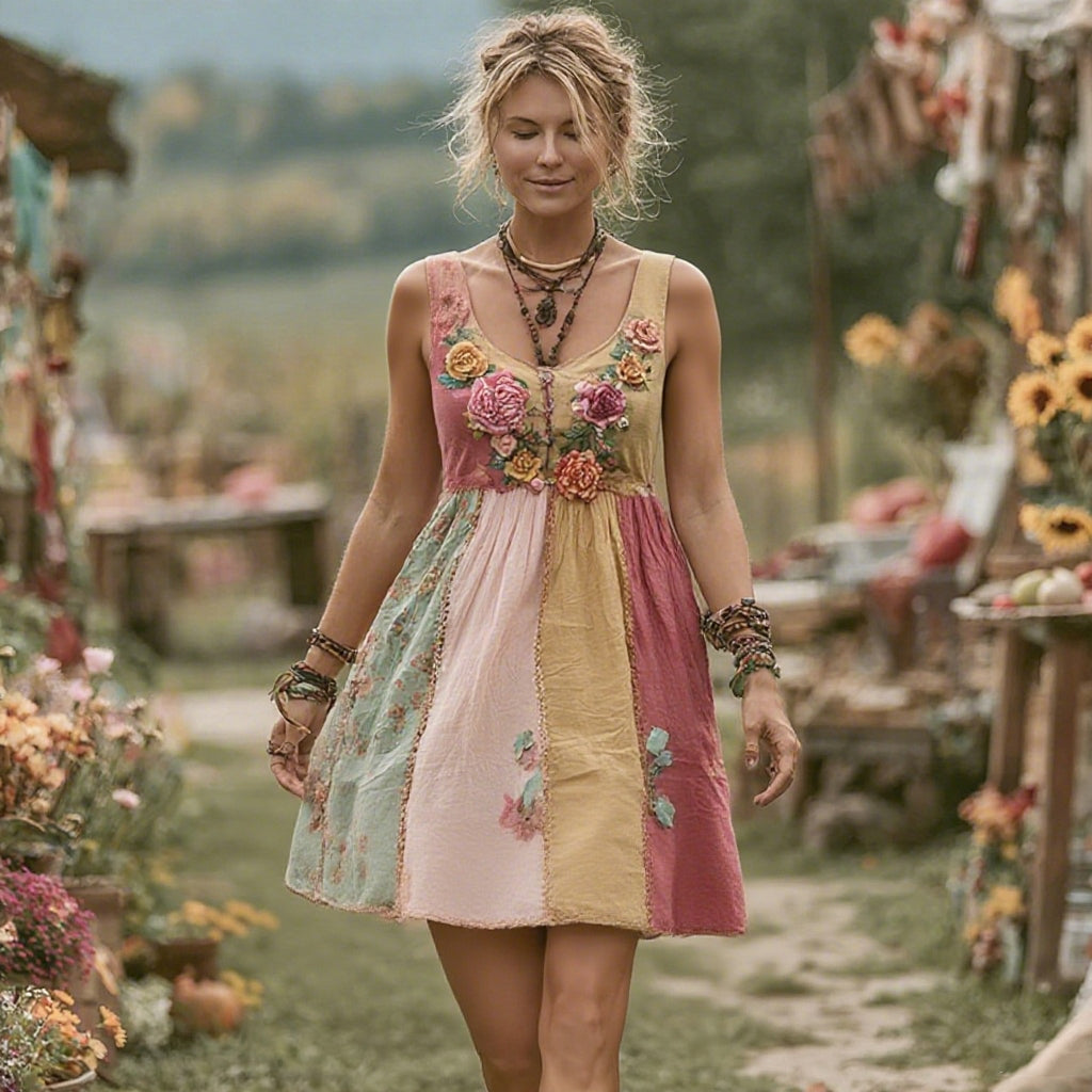 Women's Vintage Bohemian Floral Panel Sleeveless Dress elevenforest