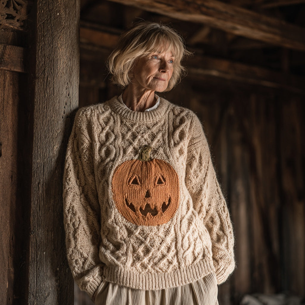 Vintage Halloween Pumpkin Embroidered Chunky Sweater artswardrobe