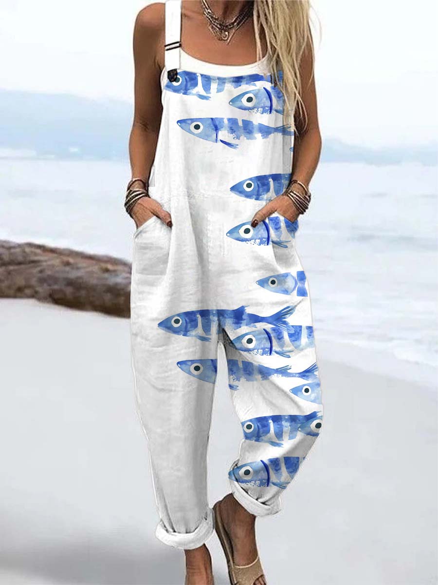 Women's Sardines Ink Art Print Casual 100% Cotton Wide Leg Jumpsuit