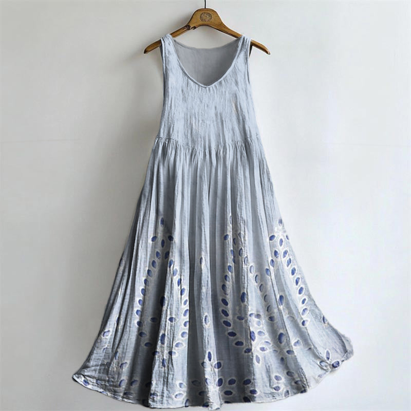 Women's Lace Cutout Art Print V-Neck Pocket Cotton Dress