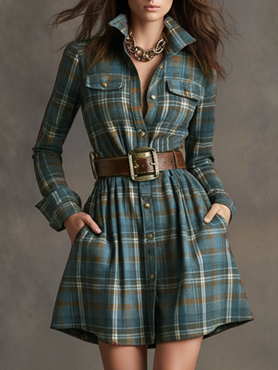 Retro Ethnic Style Blue-green-brown Plaid Mini Dress