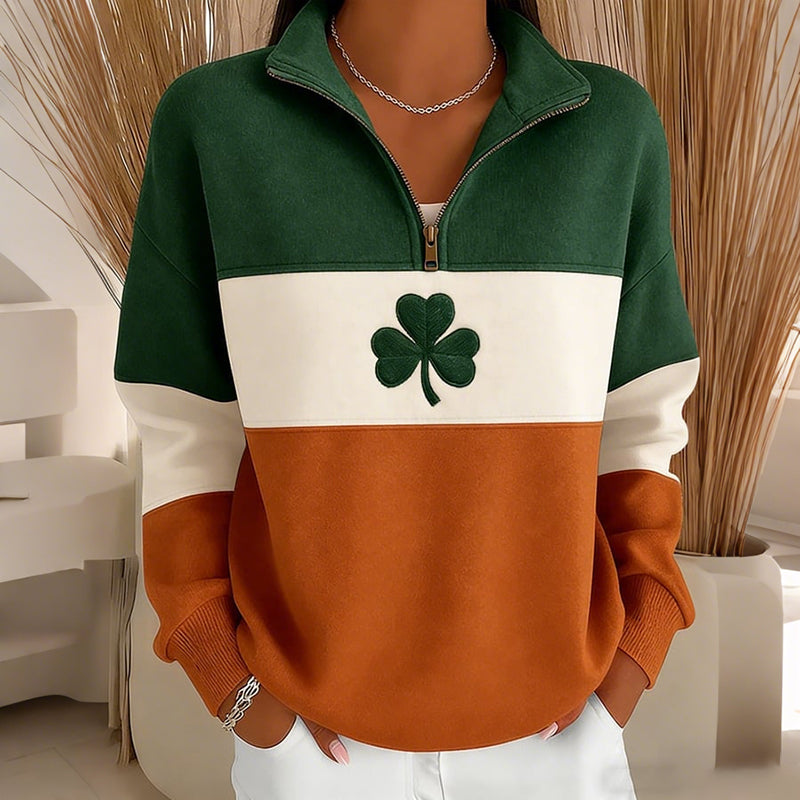 Comstylish Women's St. Patrick's Day Shamrock Color Blocked Zip Up Sweatshirt
