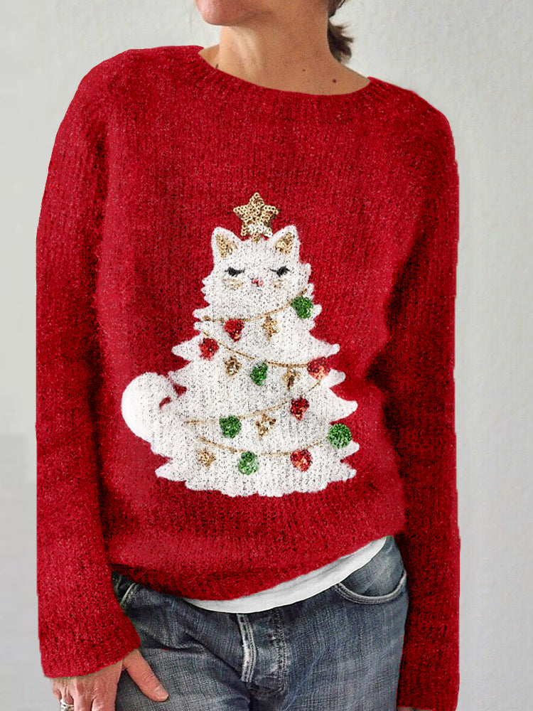 Cute Christmas Cat Tree Graphic Cozy Sweater elevenforest