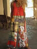 Vintage Square Patchwork Polka Dot Art Women's Linen Wide Leg Jumpsuit elevenforest