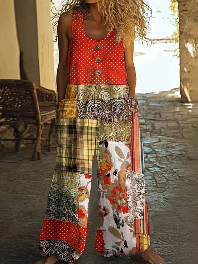 Vintage Square Patchwork Polka Dot Art Women's Linen Wide Leg Jumpsuit elevenforest