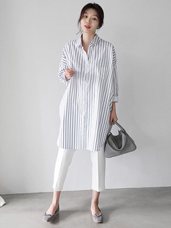 Urban Loose Color Striped Lapel Blouse Top