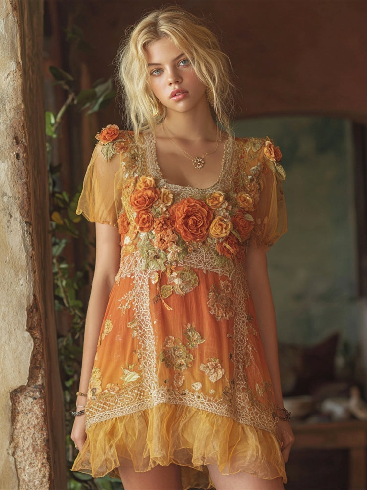 Boho Lace Floral Embroidery Women's Short Sleeve Mini Dress elevenforest