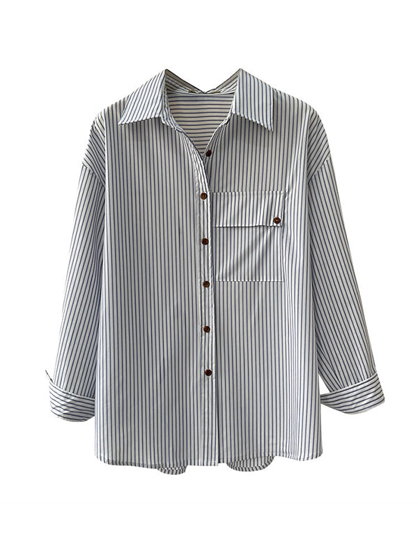 Long Sleeves Loose Buttoned Pockets Striped Lapel Blouses&shirts Tops