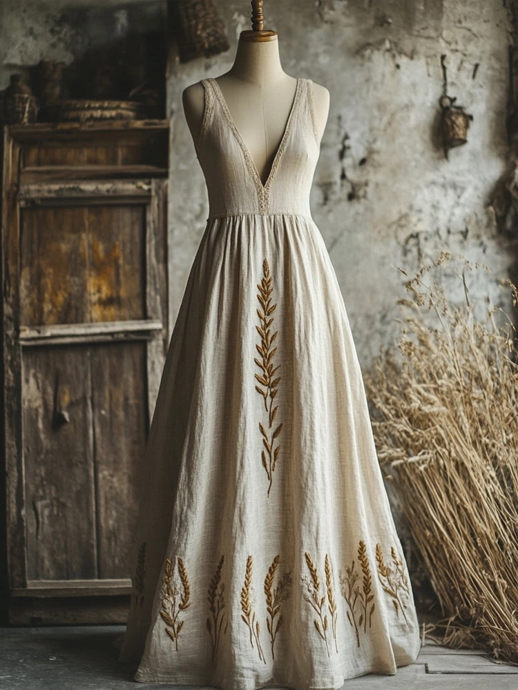Lammas Wheat Embroidered V Neck Linen Maxi Dress elevenforest