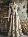 Lammas Wheat Embroidered V Neck Linen Maxi Dress elevenforest