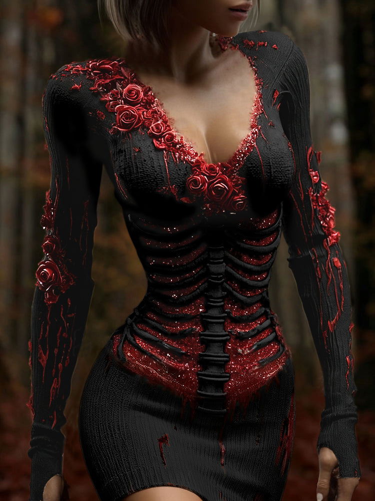 Comstylish Women's Vintage Halloween Skeleton & Rose Art Sweater Dress