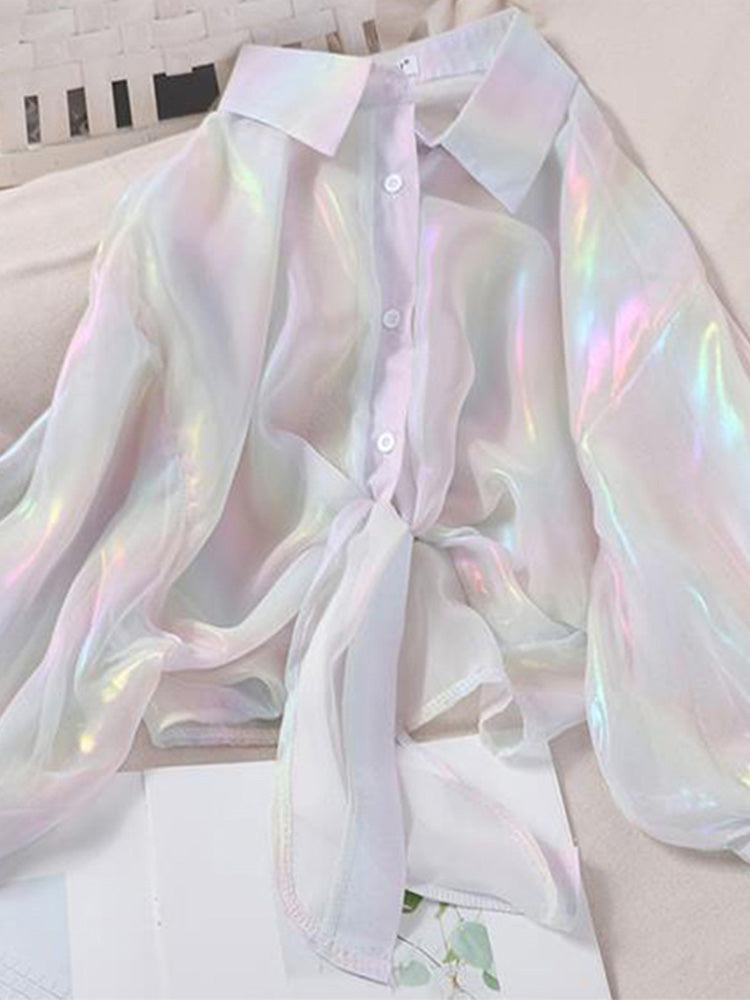 Buttoned Up Shirt Shirts Half Sleeve Shinning Sparkles Tied Waist Blouses for Autumn